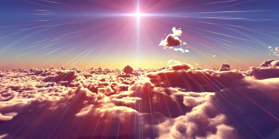 Fly above clouds sunset landscape Illustrazione stock