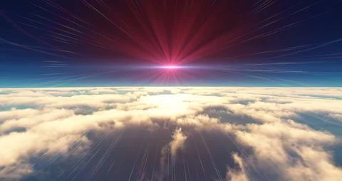 Fly above clouds sunset landscape 3d render Stock Illustration