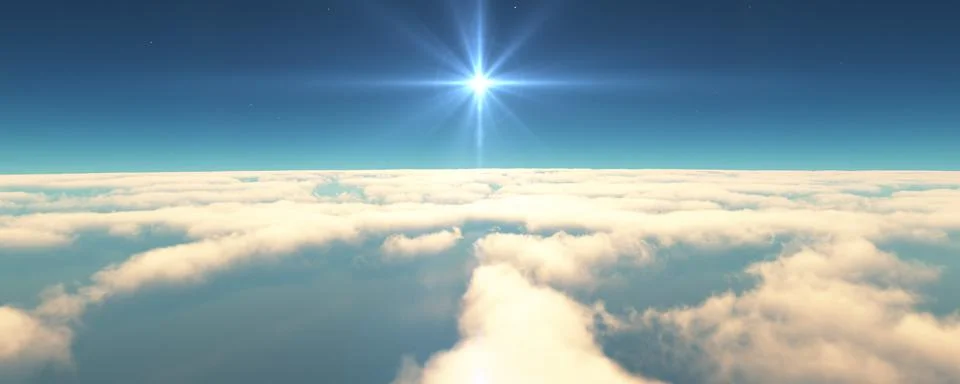 Fly above clouds sunset landscape 3d render Stock Illustration