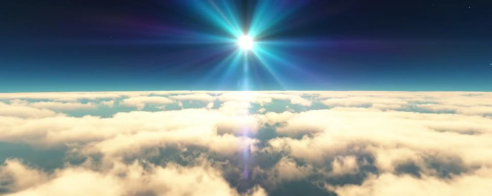 Fly above clouds sunset landscape 3d render Stock Illustration