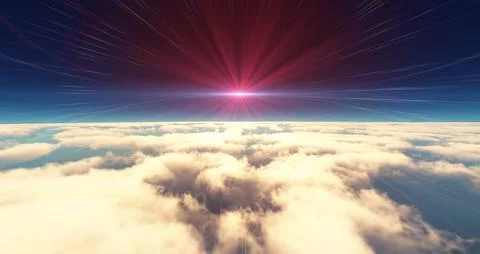 Fly above clouds sunset landscape 3d render Illustrazione stock