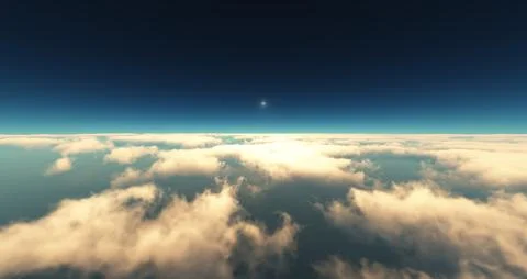 Fly above clouds sunset landscape 3d render Stock Illustration
