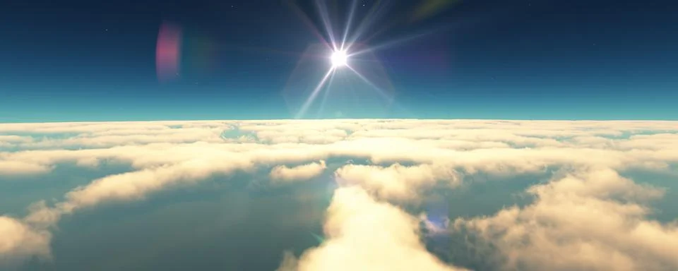 Fly above clouds sunset landscape 3d render Stock Illustration