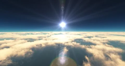 Fly above clouds sunset landscape 3d render Stock Illustration