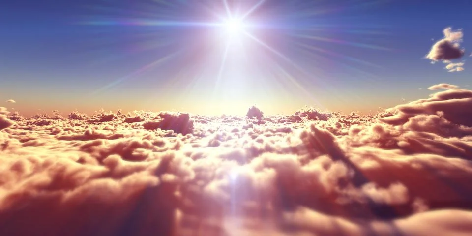 Fly above clouds sunset landscape Stock Illustration