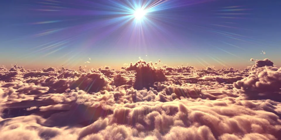 Fly above clouds sunset landscape Stock Illustration