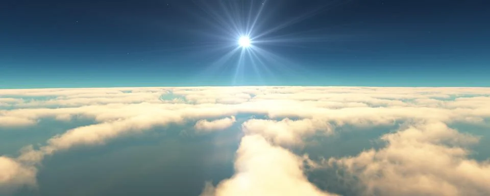 Fly above clouds sunset landscape 3d render Stock Illustration
