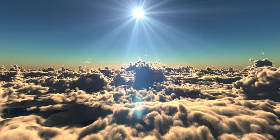 Fly above clouds sunset landscape Stock Illustration
