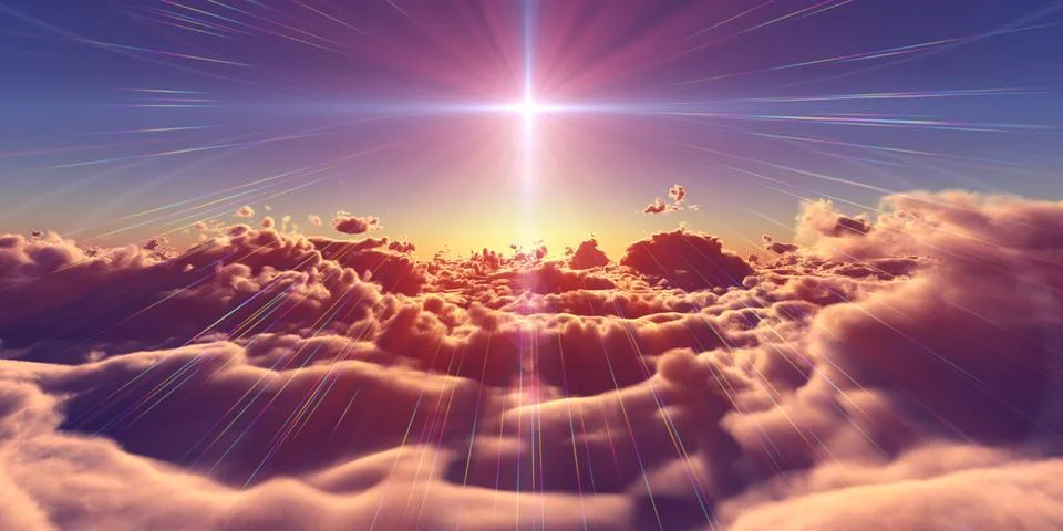 Fly above clouds sunset landscape Stock Illustration