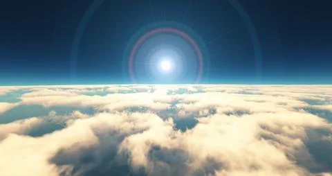 Fly above clouds sunset landscape 3d render Illustrazione stock