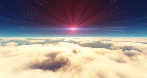Fly above clouds sunset landscape 3d render Stock Illustration