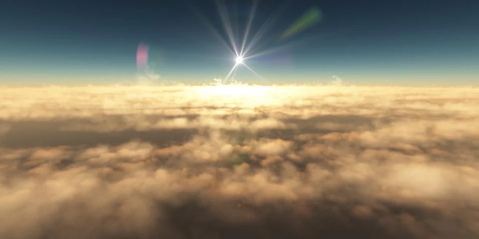 Fly above clouds sunset landscape Stock Illustration