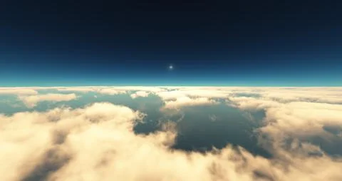 Fly above clouds sunset landscape 3d render Stock Illustration