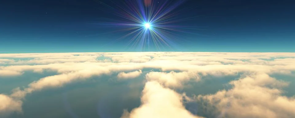 Fly above clouds sunset landscape 3d render Stock Illustration