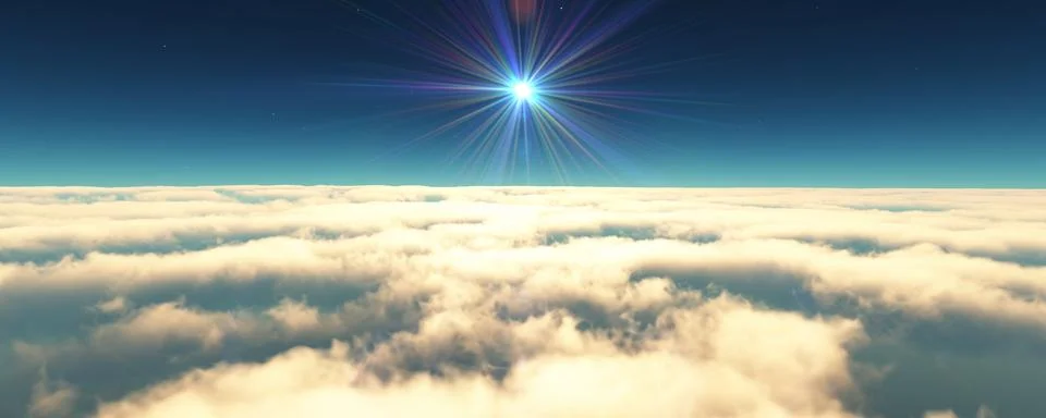 Fly above clouds sunset landscape 3d render Stock Illustration