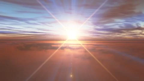 Fly above clouds sunset landscape Stock Photos