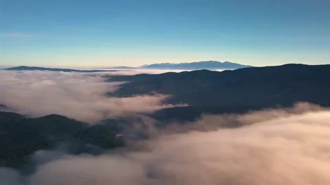 Fly above Misty Clouds motion in forest mountains sunny autumn morning nature Stock Footage 143909200