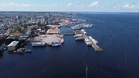 Fly above Negro river waters and the city of Manaus, Amazon, Brazil 4K Stock Footage 155171336