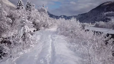 Fly-By Aerial of Footprints In Deep Fresh Snow Stock Footage 84036239