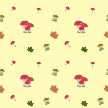 Fly agaric and fall leaves, fall. Vector pattern Stock Illustration