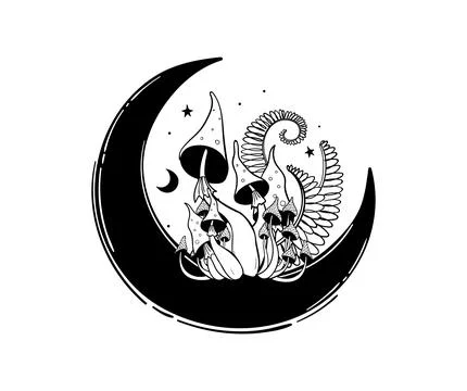 Fly agaric and forest poisonous mushrooms on the moon, boho tattoo, microdo.. Stock-Illustration