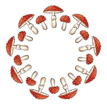 Fly agaric mushroom border in cartoon style. Decorative forest inedible fungi Stock Illustration