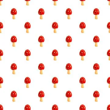 Fly agaric mushroom pattern repeating on white background Illustrazione stock