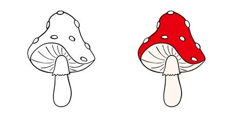 Fly agaric with red cap and white dots. Page for a children's coloring book.. Stock Illustration