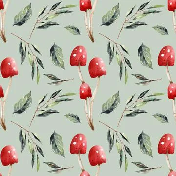 Fly Agaric red mushroom seamless pattern. Vector drawing cartoon illustration Stock Illustration