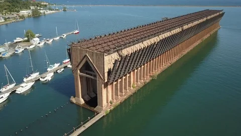 Fly along ore dock Stock Footage 86549404