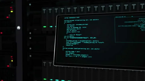 Fly among modern datacenter servers and computer screen animation Stock Footage 122028930