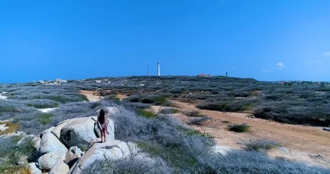 Fly in and over a model standing on the rocks looking at the lighthouse Stock-Footage 104578278