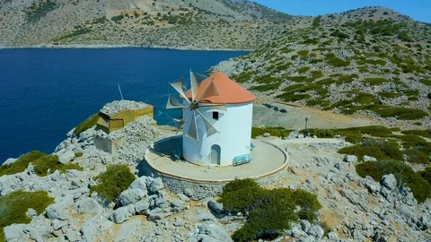 Fly around the mill on island of Simi, panormitis monastery, beautiful Bay and a 스톡 동영상 119309746