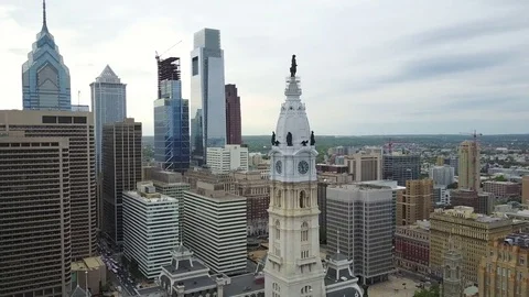 Fly around William Penn above Philadelphia City Hall with Skyline Stock Footage 75417100