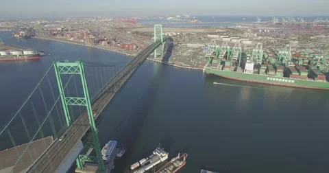 Fly Away from the Vincent Thomas Bridge in San Pedro, California Stock Footage 65203715