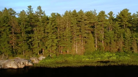 Fly backwards low above lake waters revealing shore landscape with campsite Stock Footage 112229388