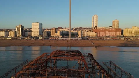 Fly backwards over Brighton West Pier, aerial drone footage 4k Stock Footage 297642788