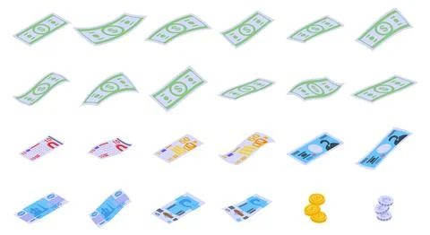 Fly banknote icons set isometric vector. Falling money bill Stock Illustration