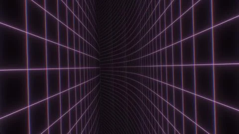 Fly Between Wavy Synthwave Neon Grid Planes Bending Corridor Path Stock Illustration
