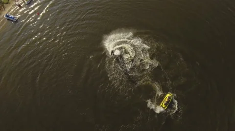 Fly board rider on the river.Aerial video Stock Footage