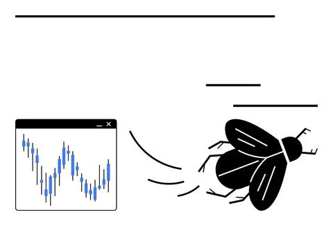 Fly buzzing near a computer screen displaying a fluctuating bar chart. Ideal  Illustrazione stock