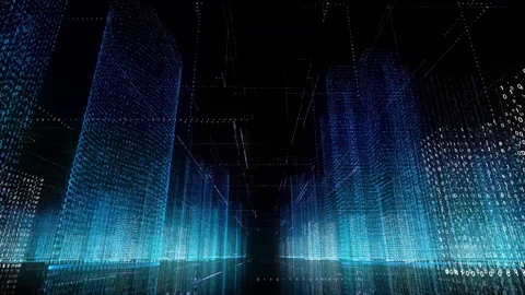 Fly city space  wireframe buildings seamless looping Video stock 90384280