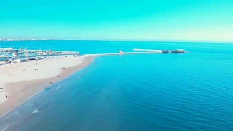 Fly to the dock with blue sky and sea 1 스톡 동영상 98681713