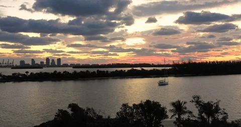 Fly Down Drone Shot Of A Lone Sailboat In A Miami Bay Behind Trees At Sundown Stock Footage 105425468