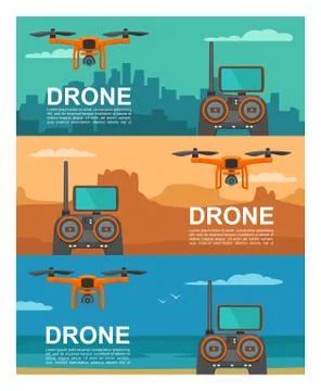 Fly drone with remote control on background city, sea, mountain. Stock Illustration