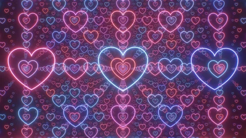 Fly In Endless Abstract Grid Of Glowing Neon Pink Love Heart Shapes Stock Footage 343327552