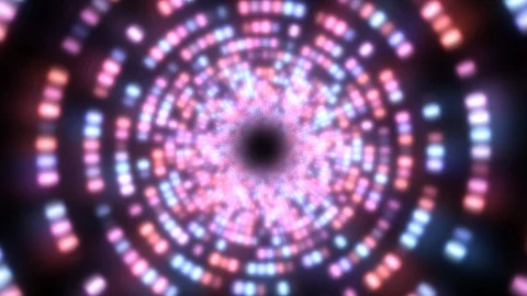 Fly in Endless Tunnel Circle Ring of Bright Glowing Neon Lights Stock Footage 125068924