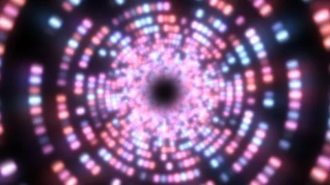 Fly in Endless Tunnel Circle Ring of Bright Glowing Neon Lights Foto stock