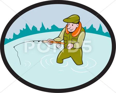 Fly Fisherman Casting Fly Rod Oval Cartoon ~ Clip Art #56570211