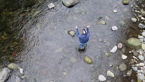 Fly Fisherman Casting Line River Fly Fishing Angler Action 4K Stock Footage 97186535